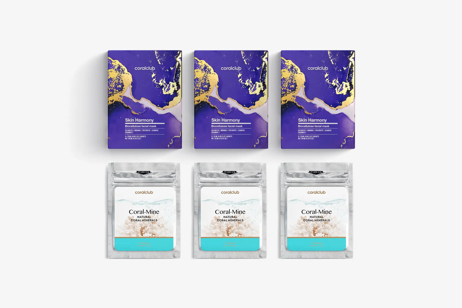 Skin Harmony Biocellulose facial mask, 3 scatole da 5 bustine monodose (25ml) + Coral-Mine, 30 bustine x 1 g