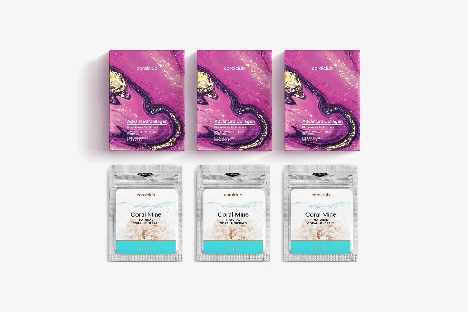 Advanced Collagen Biocellulose facial mask, 3 scatole da 5 bustine monodose (25ml) + Coral-Mine, 30 bustine x 1 g