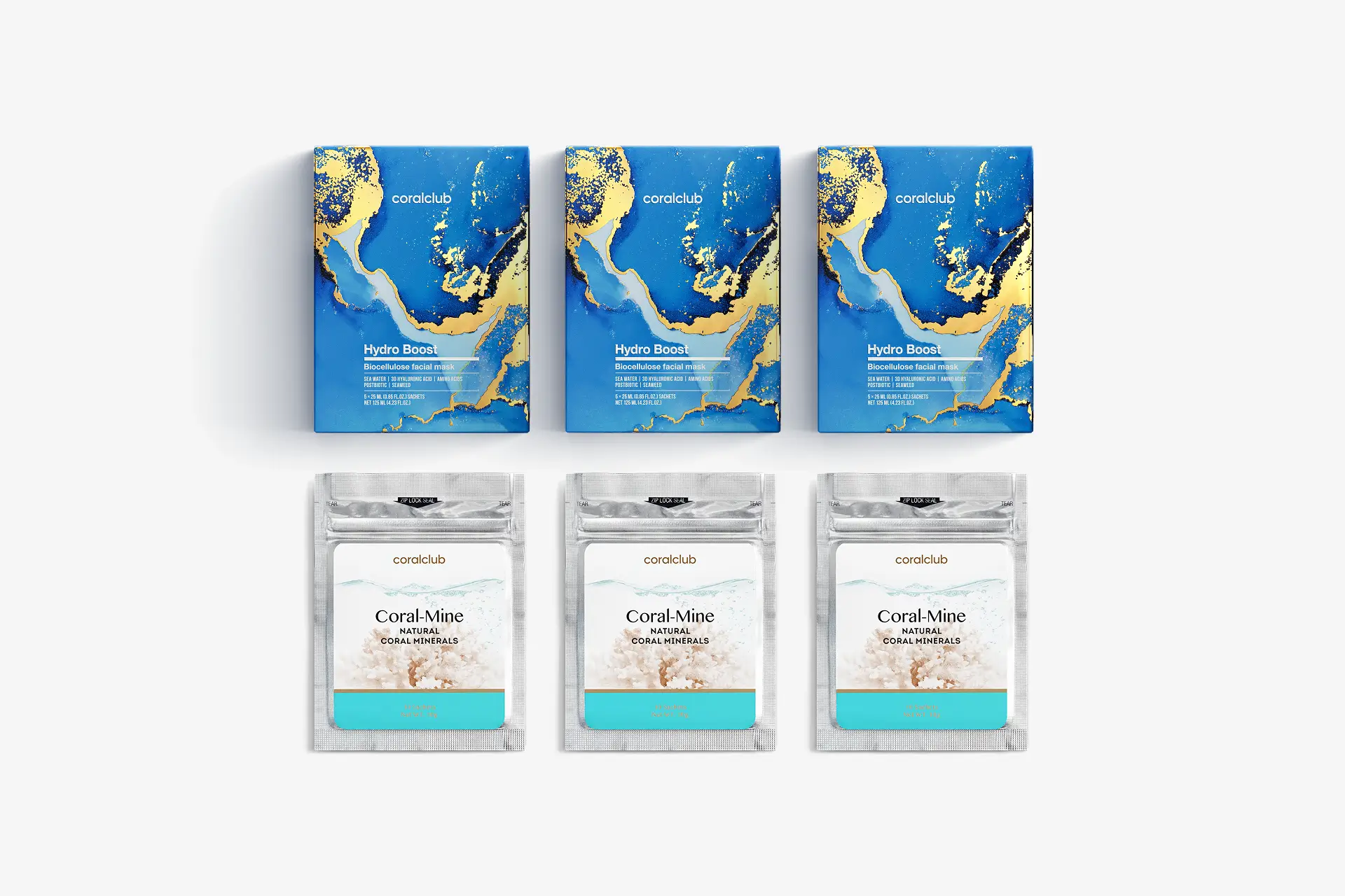 Hydro Boost Biocellulose Facial Mask, 3 scatole da 5 bustine monodose (25ml) + Coral-Mine, 30 bustine x 1 g
