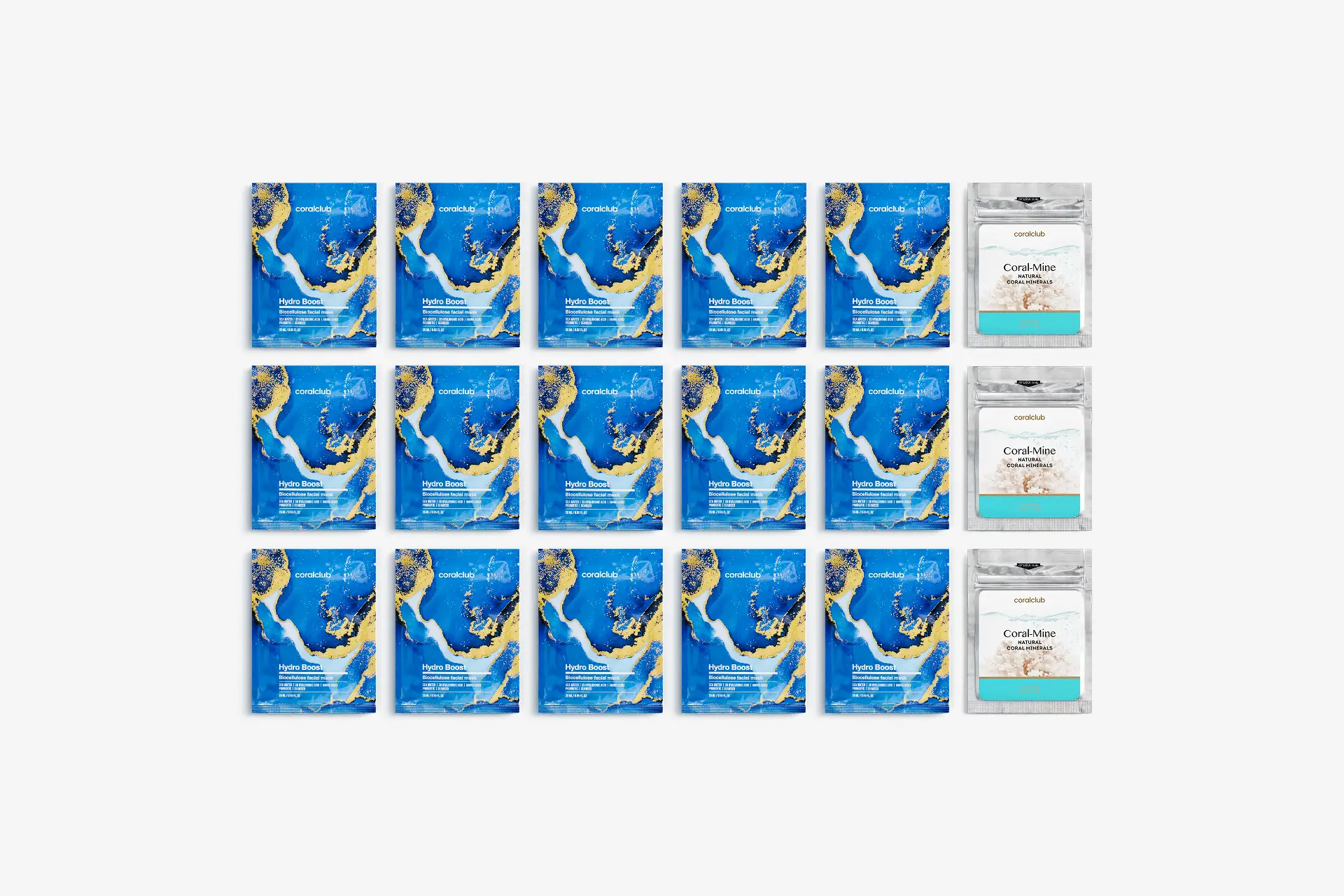 Hydro Boost Biocellulose Facial Mask, 3 scatole da 5 bustine monodose (25ml) + Coral-Mine, 30 bustine x 1 g
